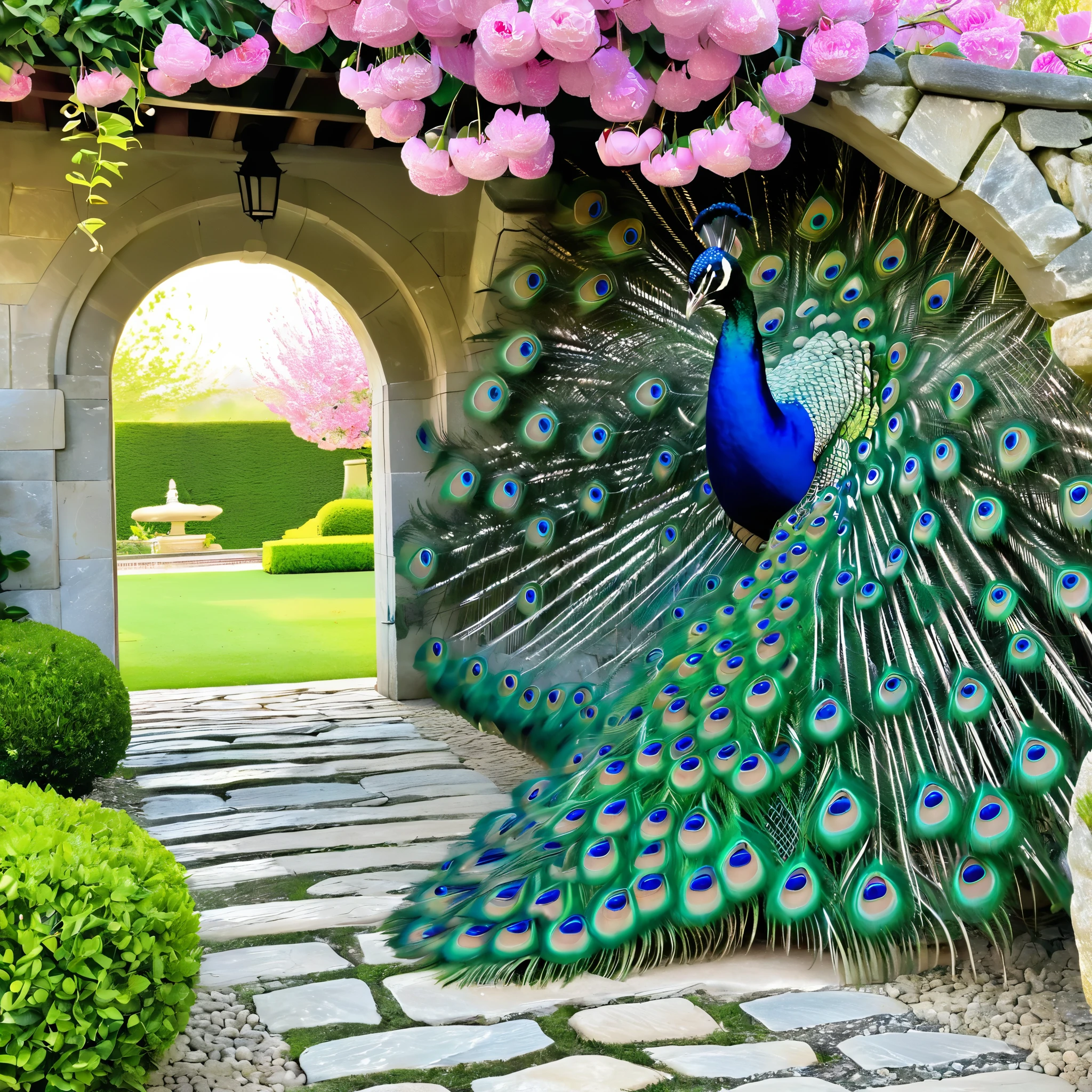 A vibrant and detailed depiction of a peacock with its feathers fully fanned out in an enchanted garden. The peacock's feathers showcase brilliant shades of blue and green with eye-catching patterns. The garden is lush with an array of colorful flowers, including pink, purple, and blue blooms, and well-manicured bushes. Towering, blossoming cherry trees with pink flowers arch over the scene, and the sunlight filters through the foliage, creating a magical, glowing ambiance. In the background, there are intricately designed stone pathways and ancient stone urns, adding a touch of historical elegance. The atmosphere is dreamy and serene, capturing the beauty of nature in full bloom.