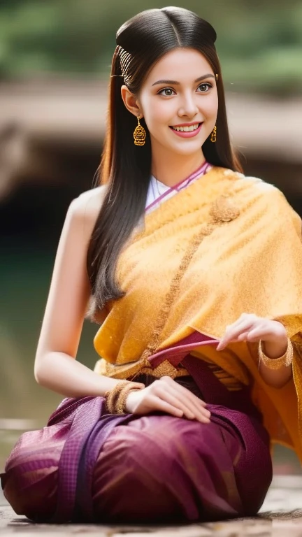 Aarav woman in a golden dress stands in front of a building., Sukhothai dress, Dilraba Dilmurat, traditional beauty, Wear elegant clothes, traditional this tradition, Wear luxurious clothes, this tradition, Traditional clothing, Thai girl anime, traditional outfit, According to Thawan Duchanee&#39;s style, Wear a luxurious silk dress, Thai art, Traditional clothing สาวเอเชียที่สวยงาม,stereoscopic 8k,45 high quality colored lights,000,000,000 pixels, photo, post-trade photo, animation, Beautiful, realistic portraits.