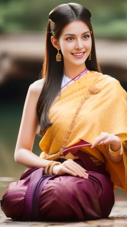 Aarav woman in a golden dress stands in front of a building., Sukhothai dress, Dilraba Dilmurat, traditional beauty, Wear elegant clothes, traditional this tradition, Wear luxurious clothes, this tradition, Traditional clothing, Thai girl anime, traditional outfit, According to Thawan Duchanee's style, Wear a luxurious silk dress, Thai art, Traditional clothing สาวเอเชียที่สวยงาม,stereoscopic 8k,45 high quality colored lights,000,000,000 pixels, photo, post-trade photo, animation, Beautiful, realistic portraits.