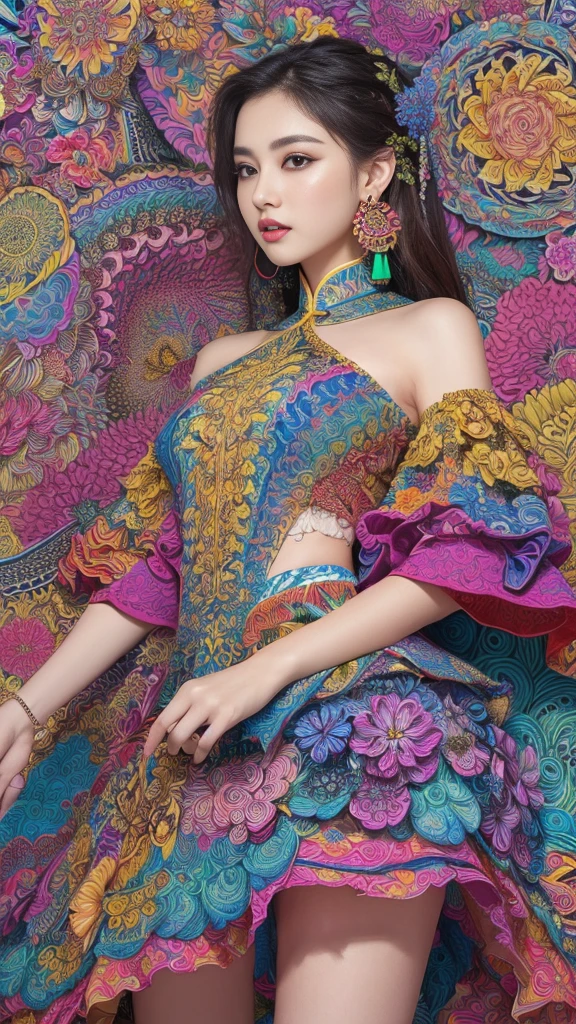 (masterpiece, highest quality, highest quality, Official Art, beautifully、aesthetic:1.2), (One girl:1.3), Very detailed,(Fractal Art:1.1),(colorful:1.1)(Flowers:1.3),Most detailed,(Zentangle:1.2), (Dynamic pose), (Abstract background:1.3), (Chinese traditional cloth:1.2), (Shiny skin), (Many colors:1.4), ,(Earrings:1.4),