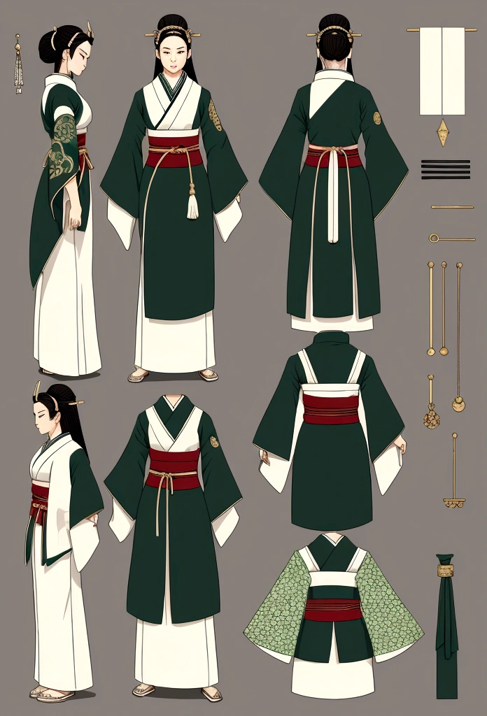Create a practical yet refined outfit for commoners in a society inspired by ancient Japan with Greek clothing influences. The clothing should be made from durable, comfortable materials and feature simple yet elegant designs. Utilize shades of green and incorporate triangular motifs in the patterns and embroidery. The outfit should blend the functionality of Japanese workwear with the flowing lines of Greek attire. Accessories should be minimal but functional, such as sashes, simple jewelry, and headbands. The overall look should reflect the commoners' respect for strength and honor, while being suitable for daily activities. reference sheet, character chart, three sided view, high details, high quality, highres, anatomically correct