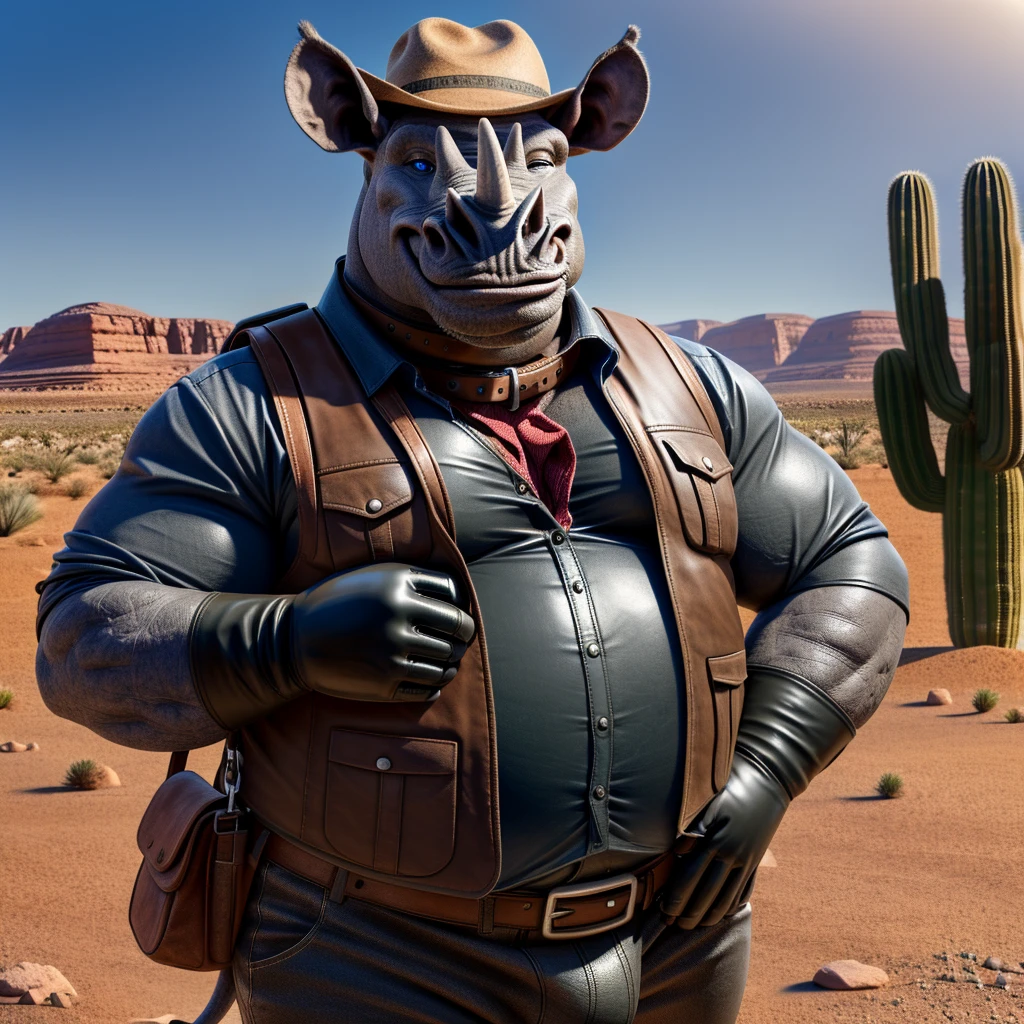 Male, fat, extremely obese, Rhinoceros, blue eyes, (posing:1.3), (soft shading), 4k, hi res, ((detailed face, detailed)), looking at viewer, smile, open mouth, desert, cactus, shirt, hat, male focus, cowboy shot, glasses, pants, bag, vest, backpack, sleeves rolled up, round eyewear, brown headwear, brown vest, whiskers, Rhinoceros is wearing a glossy leather dog collar around the neck, Rhinoceros is wearing the leather collar and shirt and vest at the same time, Rhinoceros is wearing glossy black rubber gloves on the hands, gloves are rubber in texture.