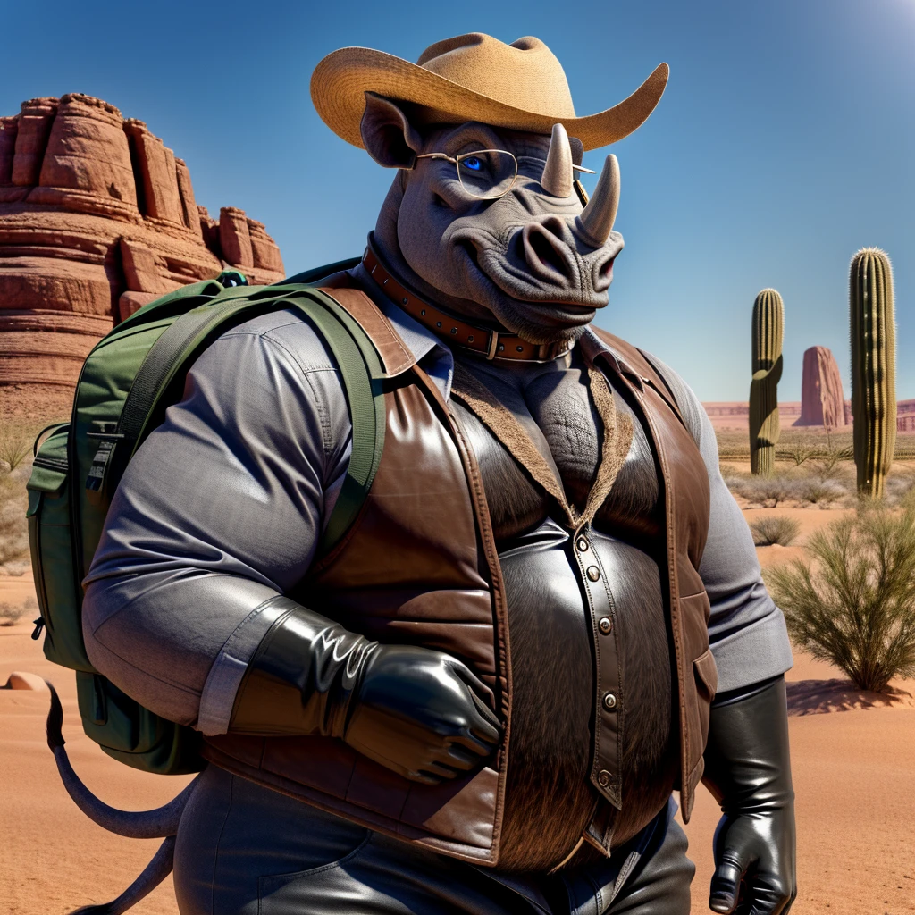 Male, fat, extremely obese, Rhinoceros, blue eyes, (posing:1.3), (soft shading), 4k, hi res, ((detailed face, detailed)), looking at viewer, smile, open mouth, desert, cactus, shirt, hat, male focus, cowboy shot, glasses, pants, bag, vest, backpack, sleeves rolled up, round eyewear, brown headwear, brown vest, whiskers, Rhinoceros is wearing a glossy leather dog collar around the neck, Rhinoceros is wearing the leather collar and shirt and vest at the same time, Rhinoceros is wearing glossy black rubber gloves on the hands, gloves are rubber in texture.