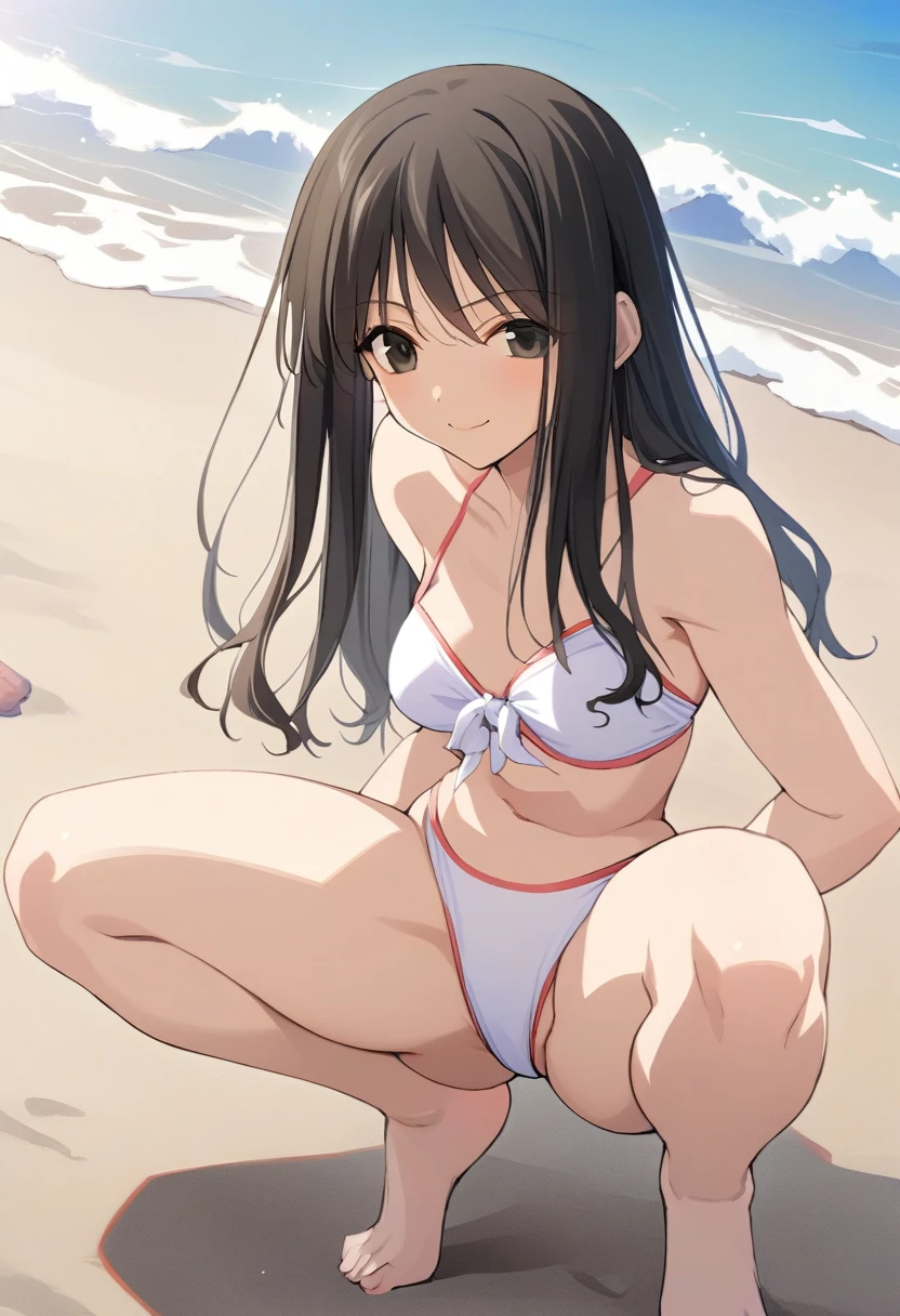 One girl,((Tsubame)),smile、Gentle expression、Welcome、Ocean、beach、slender body,ideal ratio body proportions,Cute Bikini、Sexy pose,squatting、A complete depiction of the human body,masterpiece, Highest quality, Game CG, ultra detailed、highres、extremely detailed CG