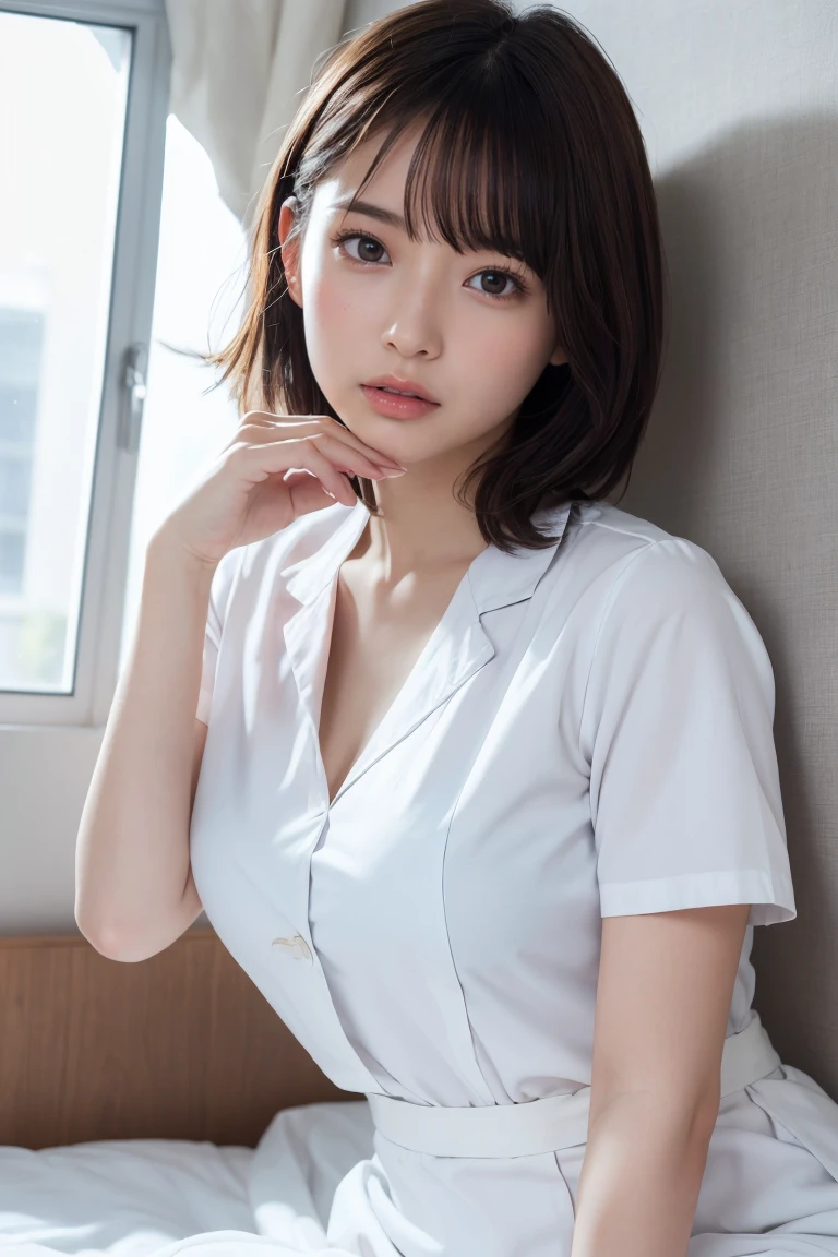 1 Girl,(Wearing white nurse clothes:1.2),(RAW Photos, Highest quality), (Realistic, photo-Realistic:1.4), masterpiece, Very delicate and beautiful, Very detailed, 2k wallpaper, wonderful, finely, Very detailed CG unity 8k wallpaper, Very detailedな, High resolution, Soft Light, Beautiful detailed girl, Very detailed eyes and face, Beautiful and detailed nose, finely beautiful eyes, nurse, Perfect ???????, Black Hair, Upstyle, nurse uniform, Long skirt, nurse, White costume, thin, hospital, clear, White Uniform, hospital room, Neck auscultation,Bobcut、Flip up the skirt、20th Generation、、seduce with sexual expressions、Lying on the bed、Sleeping on the bed
