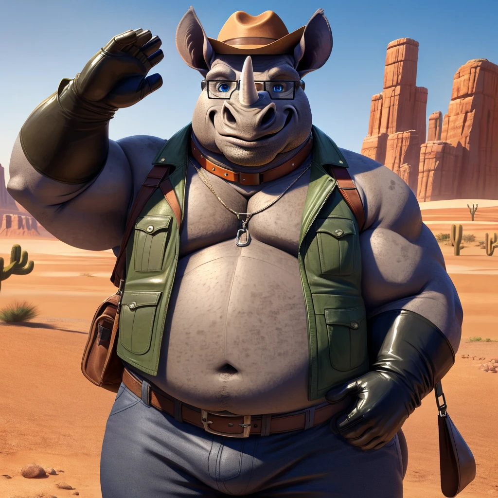Male, fat, extremely obese, Rhinoceros, blue eyes, (posing:1.3), (soft shading), 4k, hi res, ((detailed face, detailed)), looking at viewer, smile, open mouth, desert, cactus, shirt, hat, male focus, cowboy shot, glasses, pants, bag, vest, backpack, sleeves rolled up, round eyewear, brown headwear, brown vest, whiskers, Rhinoceros is wearing a glossy leather dog collar around the neck, Rhinoceros is wearing the leather collar and shirt and vest at the same time, Rhinoceros is wearing glossy black rubber gloves on the hands, gloves are rubber in texture.