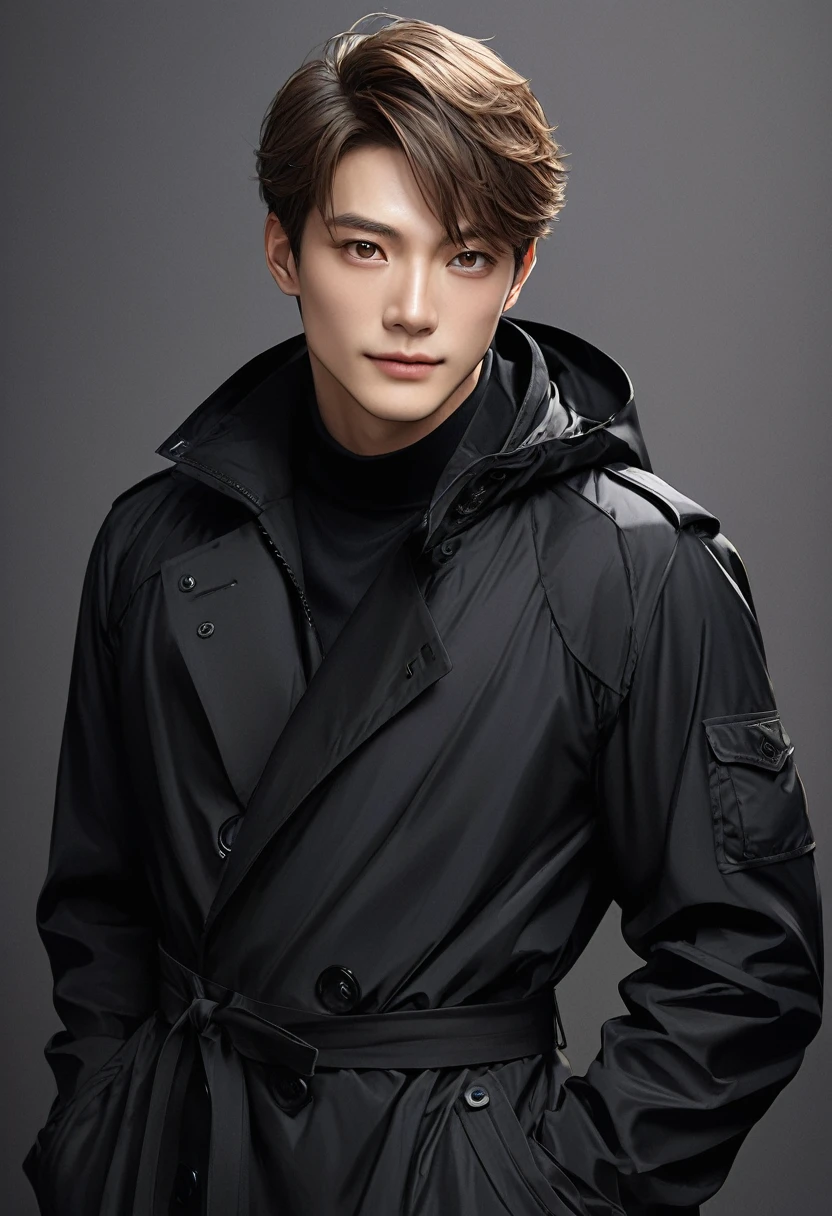 Handsome mature young boy dynamic full body photo, close-up of brown-haired man wearing black windbreaker( perfect anatomy ) Face side close-up. Detailed face. realistic eyes.
The face and eyes are very detailed. Delicate skin.、Delicate skin texture smile, Black trench coat dark shadow background, black soft light, Professional photography master'Artworks, texture, complicated, Clear,
High-quality masterpieces,Extremely complicated and exquisitely detailed, Super detailed, Super detailed digital art