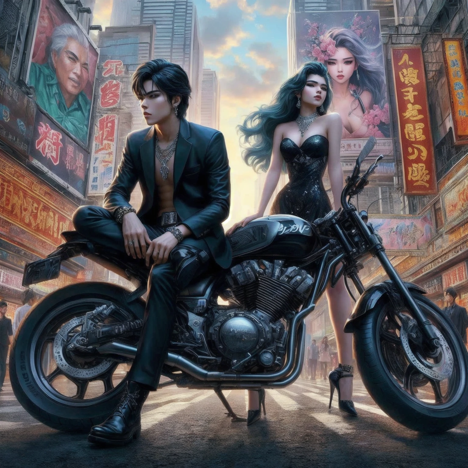 handsome man jojo , Power floor at Yaowarat MV for the song Rock Star by lisa, , rock people ,ชุดrock peopleสุดเท่,Shiny black dress , high resolution , anime style