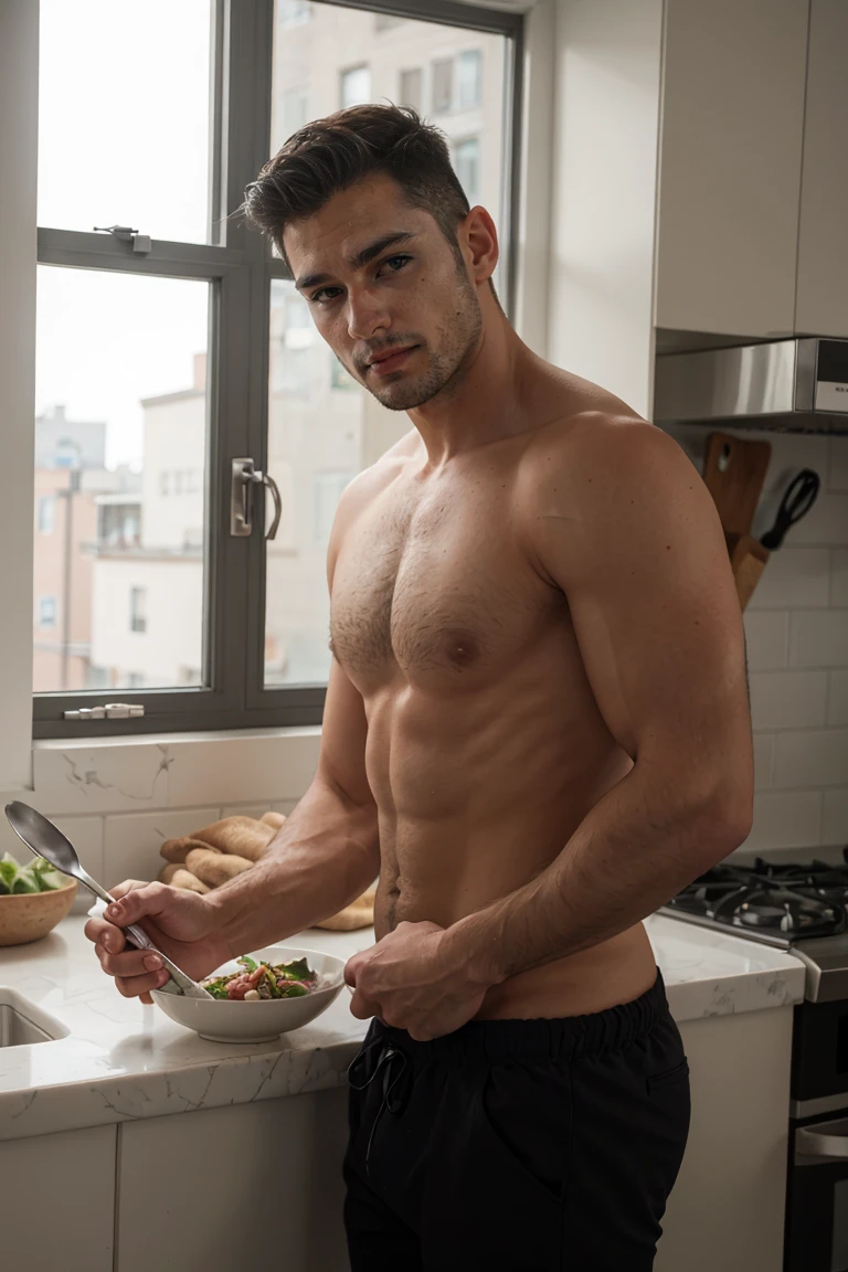 Real image of a latin model man with short black hair athletic body, short beard, cooking in the kitchen, window light.