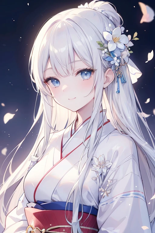 (best quality, high resolution, masterpiece:1.2), perfect face, (Gentle smile), delicate eyes, elegant,blue eyes, Big , wearing a white and brown elegant kimono, flowers, long white hair, looking at the audience