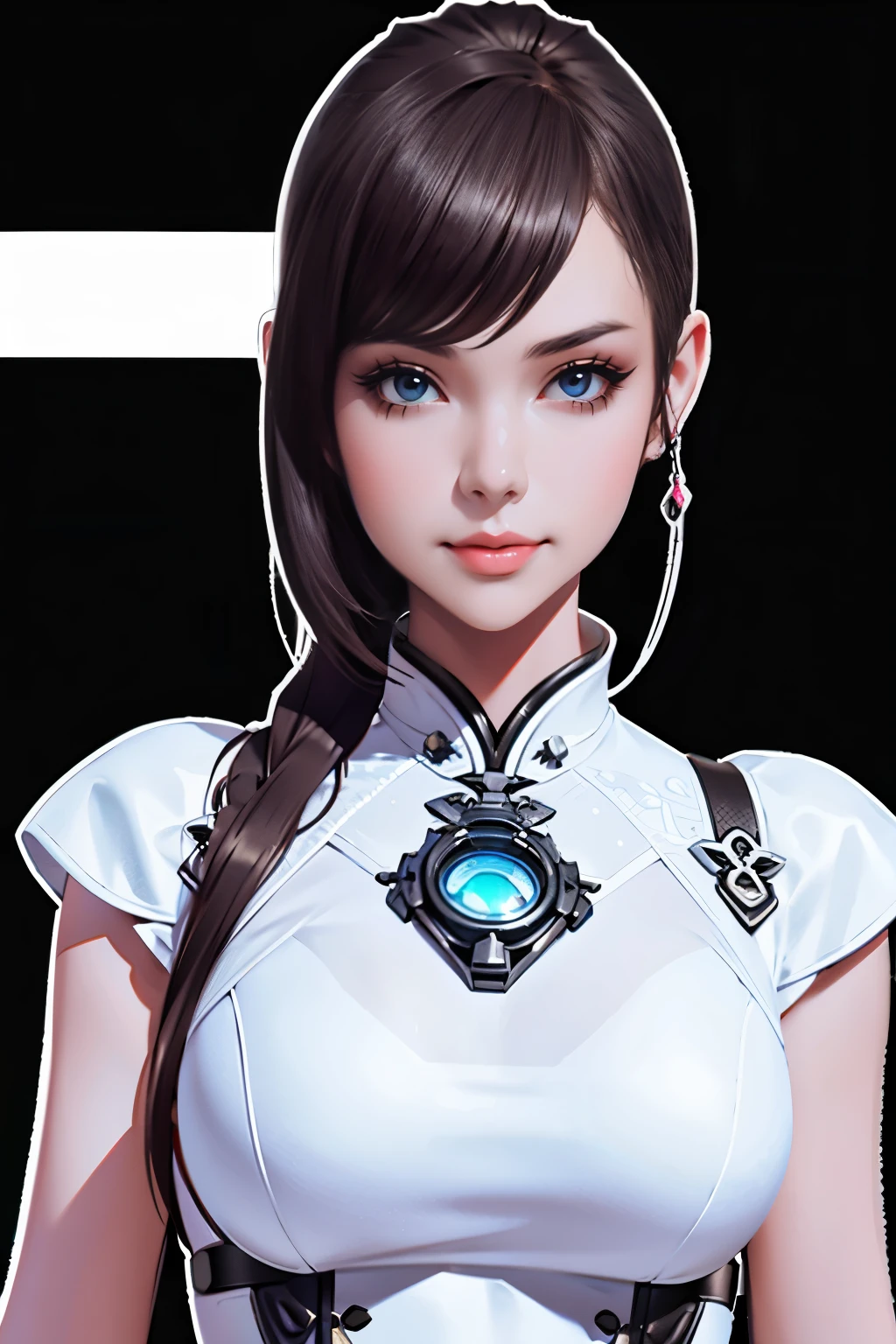 Game Art，Best image quality，Maximum resolution，8K，((A half-length photo))，((portrait))，(Rule of Thirds)，Unreal Engine 5 rendering works， (future girl)，(Female warriors)， 22 year old young hacker)，(Oriental hairstyle)，(Beautiful eyes full of details)，(Large Breasts)，(Eyeshadow)，Elegant and charming，indifferent，((frown))，(A battle suit full of futuristic technology，This costume combines futuristic power armor and，Clothing is decorated with glittering patterns and emblems)，cyberpunk characters，futuristic style， Photo poses，City background，lamp，Ray tracing，Game CG，((3D Unreal Engine))，oc render reflection pattern
