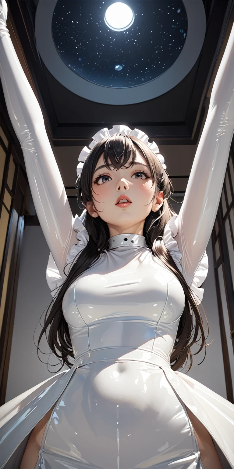 Portraiture、Composition looking up from diagonally below、(masterpiece,Highest quality,Ultra-high resolution),Japanese women, (((Very beautiful 25 year old girl))),(White latex maid outfit)、(White latex long skirt)、(A long-sleeved latex shirt that covers the upper body)、White latex gloves、White latex socks、White latex bodysuit、Frills、The clothes fit snugly to the body、Latex is very shiny、Dark Room、