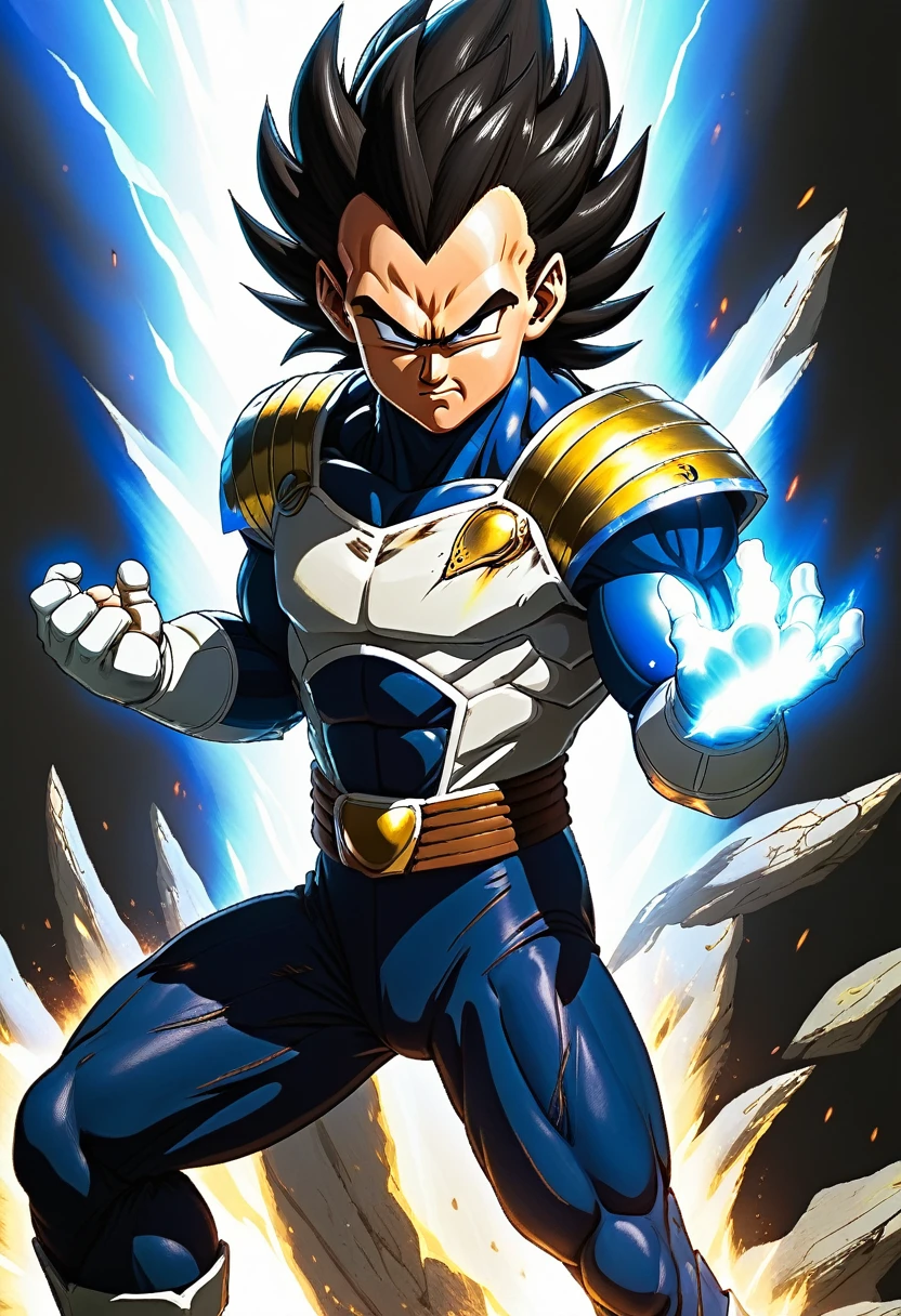 vegeta, torn armor, energy beam hands, cinematic, strong shadows, extremely (long hair:1.2)