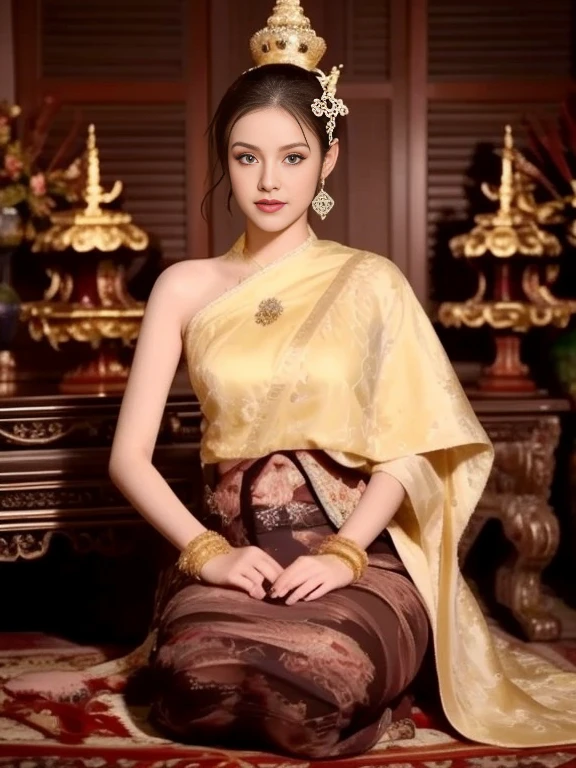 Aarav woman in a golden dress stands in front of a building., Sukhothai dress, Dilraba Dilmurat, traditional beauty, Wear elegant clothes, traditional this tradition, Wear luxurious clothes, this tradition, Traditional clothing, Thai girl anime, traditional outfit, According to Thawan Duchanee's style, Wear a luxurious silk dress, Thai art, Traditional clothing สาวเอเชียที่สวยงาม,stereoscopic 8k,45 high quality colored lights,000,000,000 pixels, photo, post-trade photo, animation, Beautiful, realistic portraits.