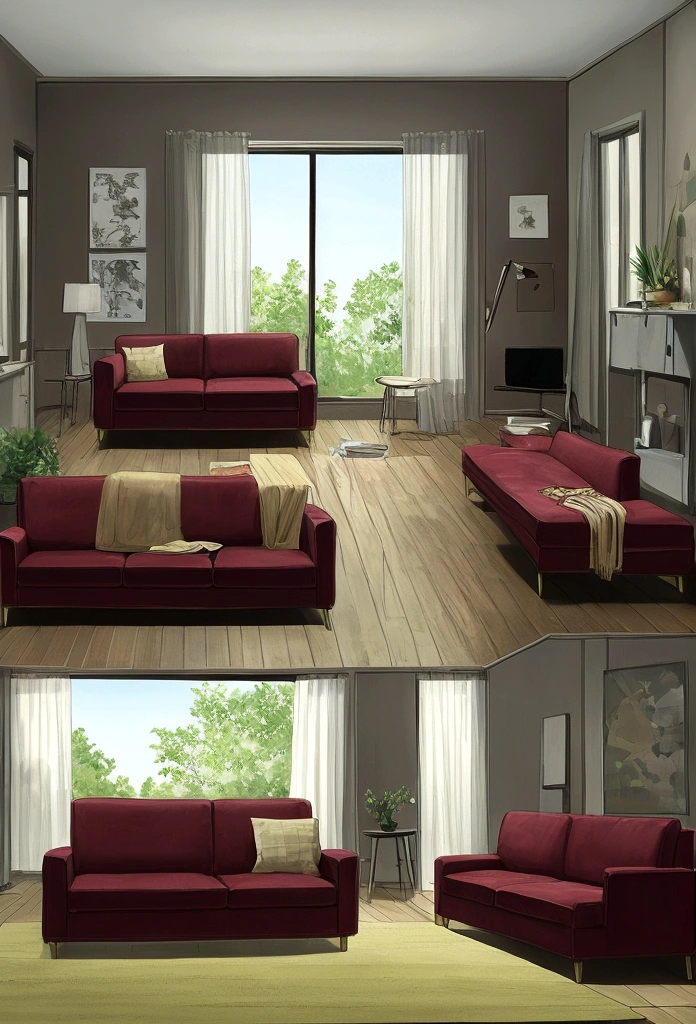 a photo of a modern black leather couch with brown and beige pillows in the corner of an empty living room, grey wooden floors, large red, black, gold, and white abstract art on the wall above the sofa, a large dark rug with tan and dark brown swirls under the couch, door to the right side, no windows, taken from eye level, no perspective, 8k, super detail, best quality