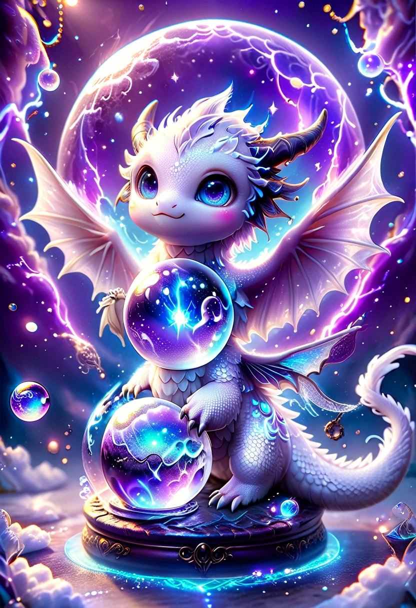 absurdres, highres, ultra detailed, HDR, master piece, best quality, crystal ball, small white dragon, expressive blue eyes, blue horns, wings, fantasy magical background, sparkling, shining, purple lightning, floating round lights, starry, void, purple moon