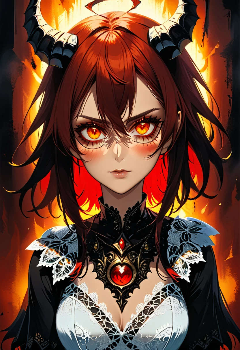 (facial portrait: 1.5), epic good looking succubus wearing a (white lace: 1.2) dress (intense details, Masterpiece, best details: 1.6), ((wearing elegant stylish yellow rimmed glasses:1.3)) (intricate details, Masterpiece, best details: 1.6), ((red skin: 1.5)), ultra detailed face (intense details, Masterpiece, best details: 1.5),standing in the door entrance, holding a red and gold ring (intense details, Masterpiece, best details: 1.6), black hair, long hair, red eyes, glowing eyes, small horns, dim light, high details, best quality, 16k, [ultra detailed], masterpiece, best quality, (extremely detailed), ultra wide shot, photorealistic, gothic art, sense of darkness, sense of seduction, fiery magic symbols (intense details, Masterpiece, best details: 1.6),in the background, Dark Art Painting Style, dark, dark novel