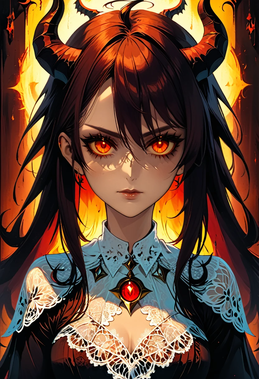 (facial portrait: 1.5), epic good looking succubus wearing a (white lace: 1.2) dress (intense details, Masterpiece, best details: 1.6), ((wearing elegant stylish yellow rimmed glasses:1.3)) (intricate details, Masterpiece, best details: 1.6), ((red skin: 1.5)), ultra detailed face (intense details, Masterpiece, best details: 1.5),standing in the door entrance, holding a red and gold ring (intense details, Masterpiece, best details: 1.6), black hair, long hair, red eyes, glowing eyes, small horns, dim light, high details, best quality, 16k, [ultra detailed], masterpiece, best quality, (extremely detailed), ultra wide shot, photorealistic, gothic art, sense of darkness, sense of seduction, fiery magic symbols (intense details, Masterpiece, best details: 1.6),in the background, Dark Art Painting Style, dark, dark novel