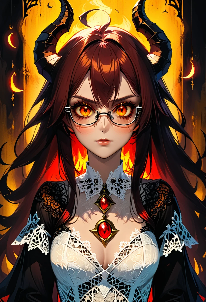 (facial portrait: 1.5), epic good looking succubus wearing a (white lace: 1.2) dress (intense details, Masterpiece, best details: 1.6), ((wearing elegant stylish yellow rimmed glasses:1.3)) (intricate details, Masterpiece, best details: 1.6), ((red skin: 1.5)), ultra detailed face (intense details, Masterpiece, best details: 1.5),standing in the door entrance, holding a red and gold ring (intense details, Masterpiece, best details: 1.6), black hair, long hair, red eyes, glowing eyes, small horns, dim light, high details, best quality, 16k, [ultra detailed], masterpiece, best quality, (extremely detailed), ultra wide shot, photorealistic, gothic art, sense of darkness, sense of seduction, fiery magic symbols (intense details, Masterpiece, best details: 1.6),in the background, Dark Art Painting Style, dark, dark novel