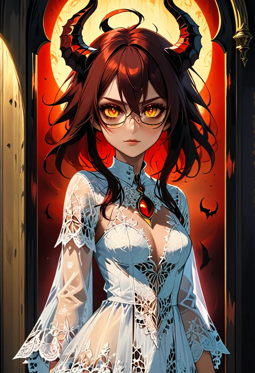 (facial portrait: 1.5), epic good looking succubus wearing a (white lace: 1.2) dress (intense details, Masterpiece, best details: 1.6), ((wearing elegant stylish yellow rimmed glasses:1.3)) (intricate details, Masterpiece, best details: 1.6), ((red skin: 1.5)), ultra detailed face (intense details, Masterpiece, best details: 1.5),standing in the door entrance, holding a red and gold ring (intense details, Masterpiece, best details: 1.6), black hair, long hair, red eyes, glowing eyes, small horns, dim light, high details, best quality, 16k, [ultra detailed], masterpiece, best quality, (extremely detailed), ultra wide shot, photorealistic, gothic art, sense of darkness, sense of seduction, fiery magic symbols (intense details, Masterpiece, best details: 1.6),in the background, Dark Art Painting Style, dark, dark novel