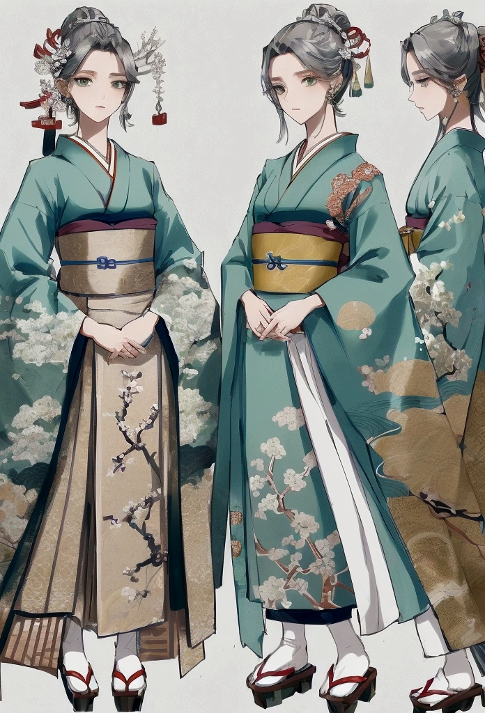 Create a practical yet refined outfit for commoners in a society inspired by ancient Japan with Greek clothing influences. The clothing should be made from durable, comfortable materials and feature simple yet elegant designs. Utilize shades of green and incorporate triangular motifs in the patterns and embroidery. The outfit should blend the functionality of Japanese workwear with the flowing lines of Greek attire. Accessories should be minimal but functional, such as sashes, simple jewelry, and headbands. The overall look should reflect the commoners' respect for strength and honor, while being suitable for daily activities. reference sheet, character chart, three sided view, high details, high quality, highres, anatomically correct