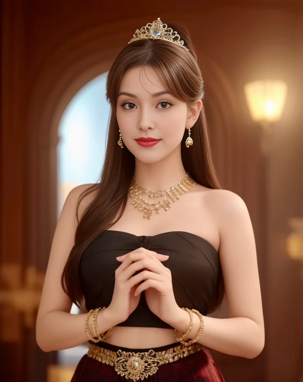 Aarav woman in a golden dress stands in front of a building., Sukhothai dress, Dilraba Dilmurat, traditional beauty, Wear elegant clothes, traditional this tradition, Wear luxurious clothes, this tradition, Traditional clothing, Thai girl anime, traditional outfit, According to Thawan Duchanee's style, Wear a luxurious silk dress, Thai art, Traditional clothing สาวเอเชียที่สวยงาม,stereoscopic 8k,45 high quality colored lights,000,000,000 pixels, photo, post-trade photo, animation, Beautiful, realistic portraits.