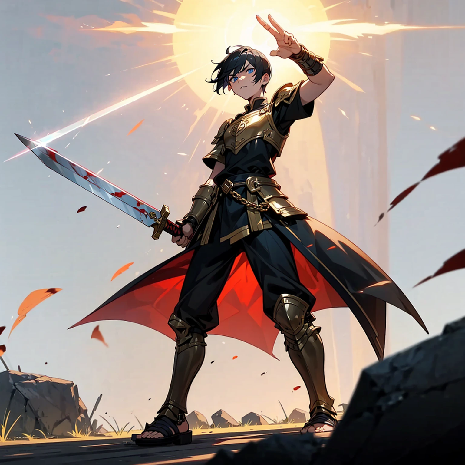 1boys, Full body version, blue eyes, undercut hair, black colour hair, very angry expression, gladiator clothing, short sleeve shirt, gladiator skirt, gold armor body, bodybelt, gladiator sandals, Spatha sword in hand, (war gesture), Grassroots background in war, smoke, silhouette of sunlight, glare of sunlight behind, blood on face, blood on armor, blood on hand, full of background light, fire, burning fire