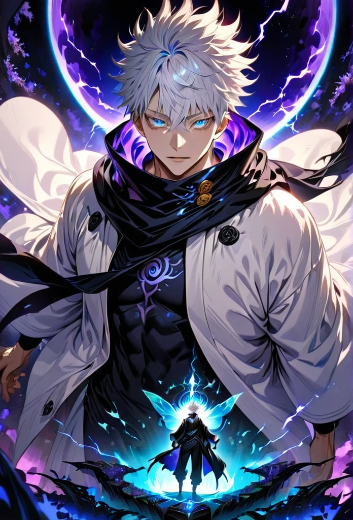 absurdres, highres, ultra detailed, HDR, master piece, best quality, Gojo Satoru, white hair, with bangs, hair between the eyes, expressive blue eyes, white eyelashes, Jujutsu Kaisen, solo, sexy man, handsome, white haori, black tight shirt, black scarf, fantasy, magical, sparkling, shining, purple lightning, floating round lights, starry sky, void, purple butterlies, purple moon