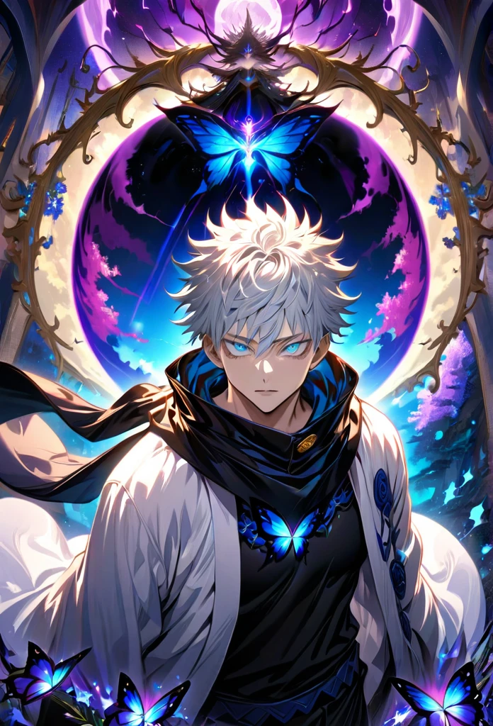 absurdres, highres, ultra detailed, HDR, master piece, best quality, Gojo Satoru, white hair, with bangs, hair between the eyes, expressive blue eyes, white eyelashes, Jujutsu Kaisen, solo, sexy man, handsome, white haori, black tight shirt, black scarf, fantasy, magical, sparkling, shining, purple lightning, floating round lights, starry sky, void, purple butterlies, purple moon