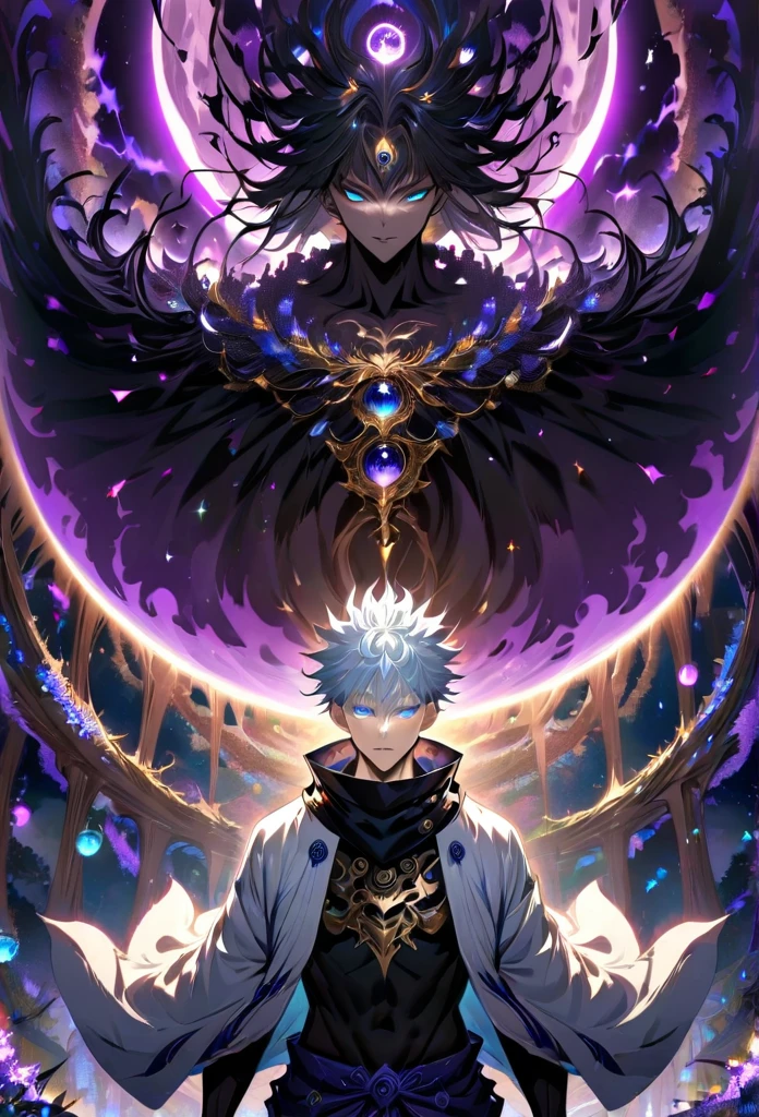 absurdres, highres, ultra detailed, HDR, master piece, best quality, Gojo Satoru, white hair, with bangs, hair between the eyes, expressive blue eyes, white eyelashes, Jujutsu Kaisen, solo, sexy man, handsome, white haori, black tight shirt, black scarf, fantasy, magical, sparkling, shining, purple lightning, floating round lights, starry sky, void, purple butterlies, purple moon