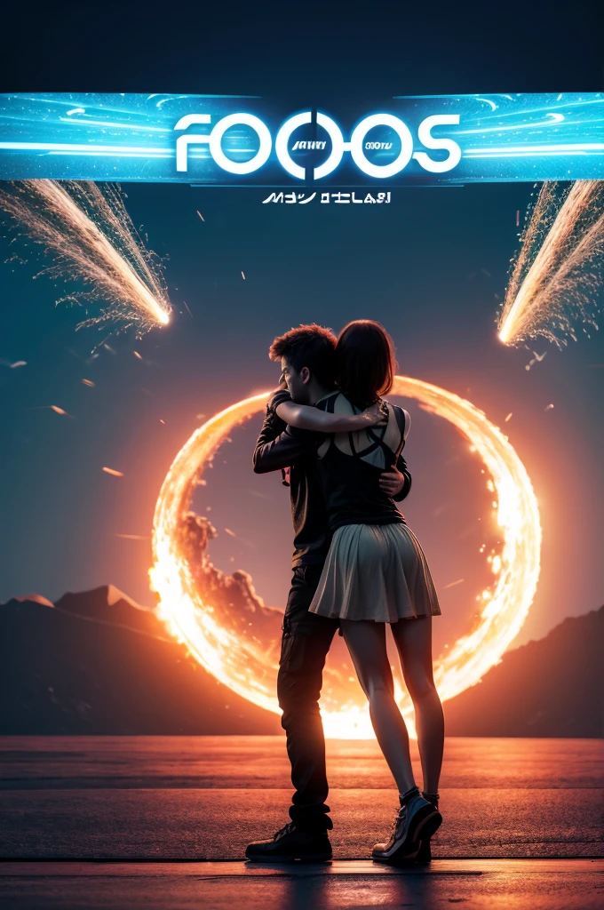 open master in 8k, action movie poster, futuristic genre, the protagonist hugs a girl, in the background a ship, explosions, A planet, in front the title of the movie