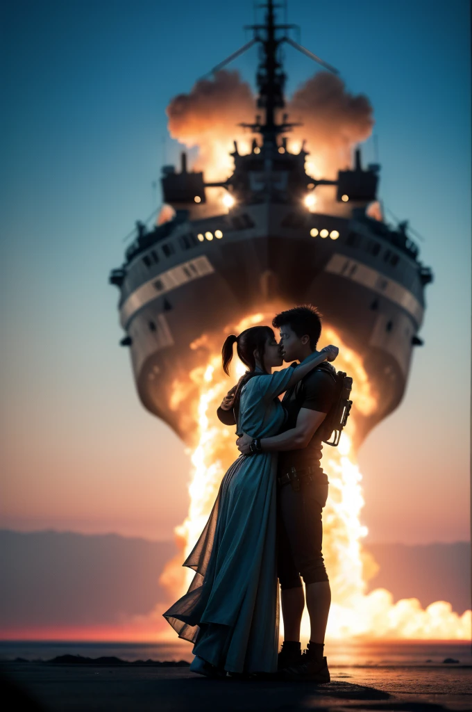 open master in 8k, action movie poster, futuristic genre, the protagonist hugs a girl, in the background a ship, explosions, A planet, in front the title of the movie