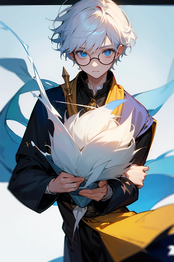 A boy with white hair and blue eyes who has magic from Hogwarts School of Magic. Stays in the Hufflepuff house and wears glasses.
