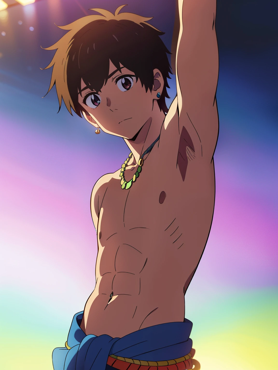 shinkai makoto, kimi no na wa, Highres, Masterpiece, Best quality at best,Best Quality,hight quality, hight detailed, Anime style, 1boy, Shota, young boy, tachibana taki, Solo person, Shirtless, topless, Egypt, Egyptian tribal luxury loincloth, earrings, bracelets, necklaces, navel piercing, Seen from the front, look at viewer, Upper body, (Very young boy), (Very small and short body), -yeld bo (Showing armpit:1.3), Such  a cute smooth armpit, cute armpit, sexy armpit, beautiful armpits, seductive armpits, a Boy cutely shows his armpit, The armpits of a 12 year orable little armpits blurry beckground, hansome boy, Uhd, bokeh
