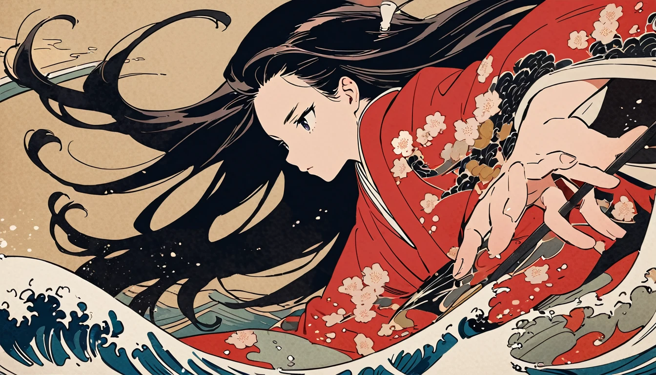 Highest quality, Katsushika Hokusai,Wave, Splash, Giant cherry blossoms, Fuji Mountain, Bold composition, Ink Painting,(((looking away))),(((from side))),(((from above))),20-year-old, (((Long Hair))), (((fancy red kimono)))Japan, Edo Period, (((Black Hair))), Modern anime, Delicate and precise, Modern ukiyo-e style