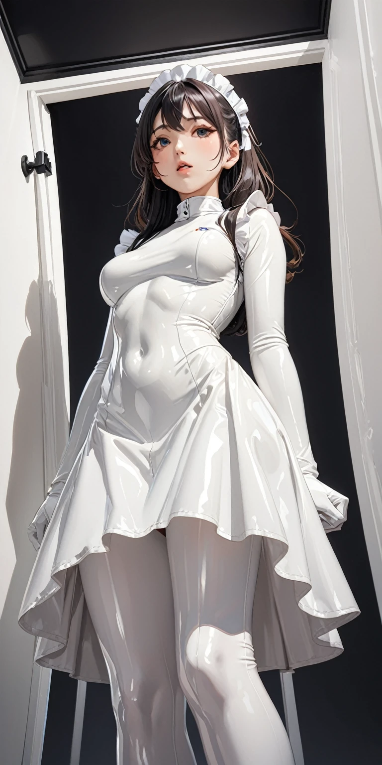 Portraiture、Composition looking up from below、(masterpiece,Highest quality,Ultra-high resolution),Japanese women, (((Very beautiful 25 year old girl))),(White latex maid outfit)、(White latex long skirt)、(A long-sleeved latex shirt that covers the upper body)、White latex gloves、White latex socks、White latex bodysuit、Frills、The clothes fit snugly to the body、Latex is very shiny、Dark Room、