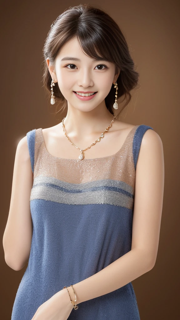 high resolution、High resolution、one japanese woman、21-year-old woman、masterpiece, 4k, highest quality, FELute, necklace,casual dress, (Photo studio),bracer, cowboy shot, look viewer, smile gently、necklace、earrings、bracelet、pretty stylish woman、realistic skin texture、brown with highlights