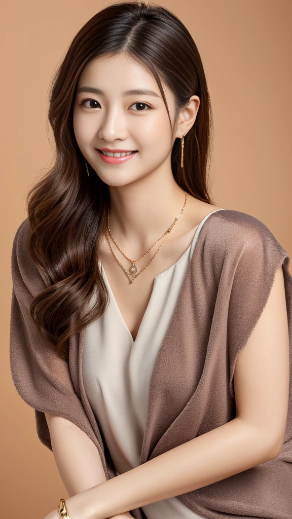Ultra-high resolution, Superior Quality, Highest quality, Very detailed, Realistic, 8k, RAW Photos, Highest quality, masterpiece, Attractive girl, Awesome girl, Light brown hair、Wavy Hair、 hairstyle semi long、Mesh Hair, Japanese Idols, ear piercing、Necklace around the neck、blouse、smile、Beautiful teeth alignment、
