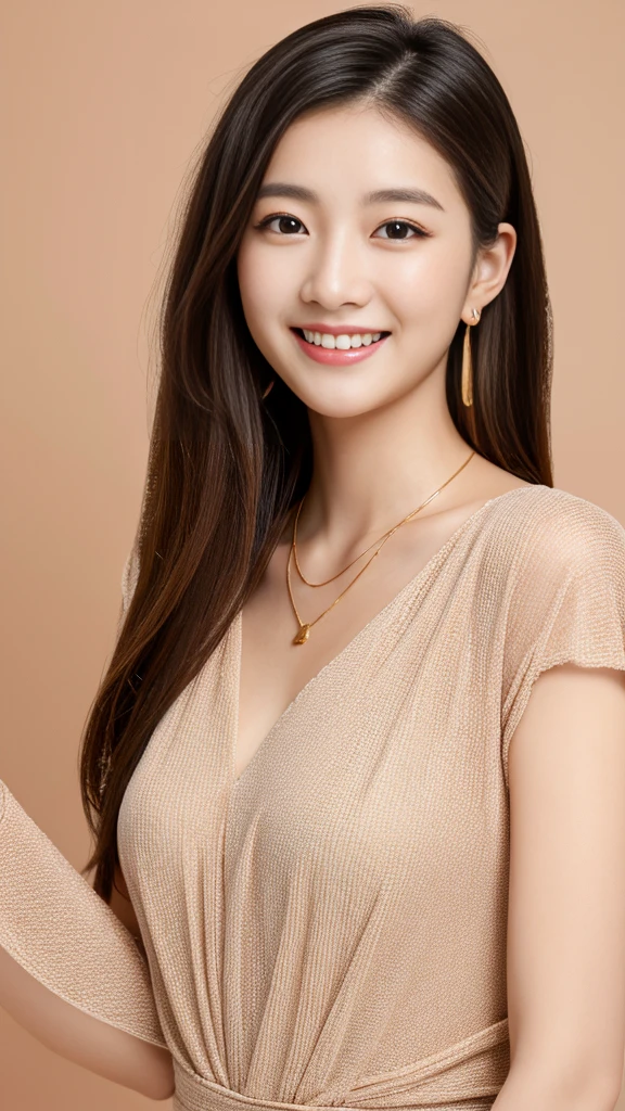high resolution、High resolution、one japanese woman、21-year-old woman、masterpiece, 4k, highest quality, FELute, necklace,casual dress, (Photo studio),bracer, cowboy shot, look viewer, smile gently、necklace、earrings、bracelet、pretty stylish woman、realistic skin texture、brown with highlights