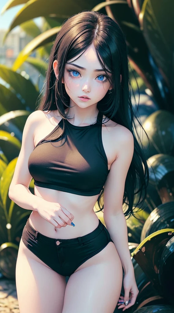 (1girl),(masterpiece), (work of art), (amazing work), (detailed eyes), (blue skin),(multicolored), (long black hair), (sparkling eyes), (1girl),),best quality, full body, expressive eyes, perfect face,green tank top, skinny jeans