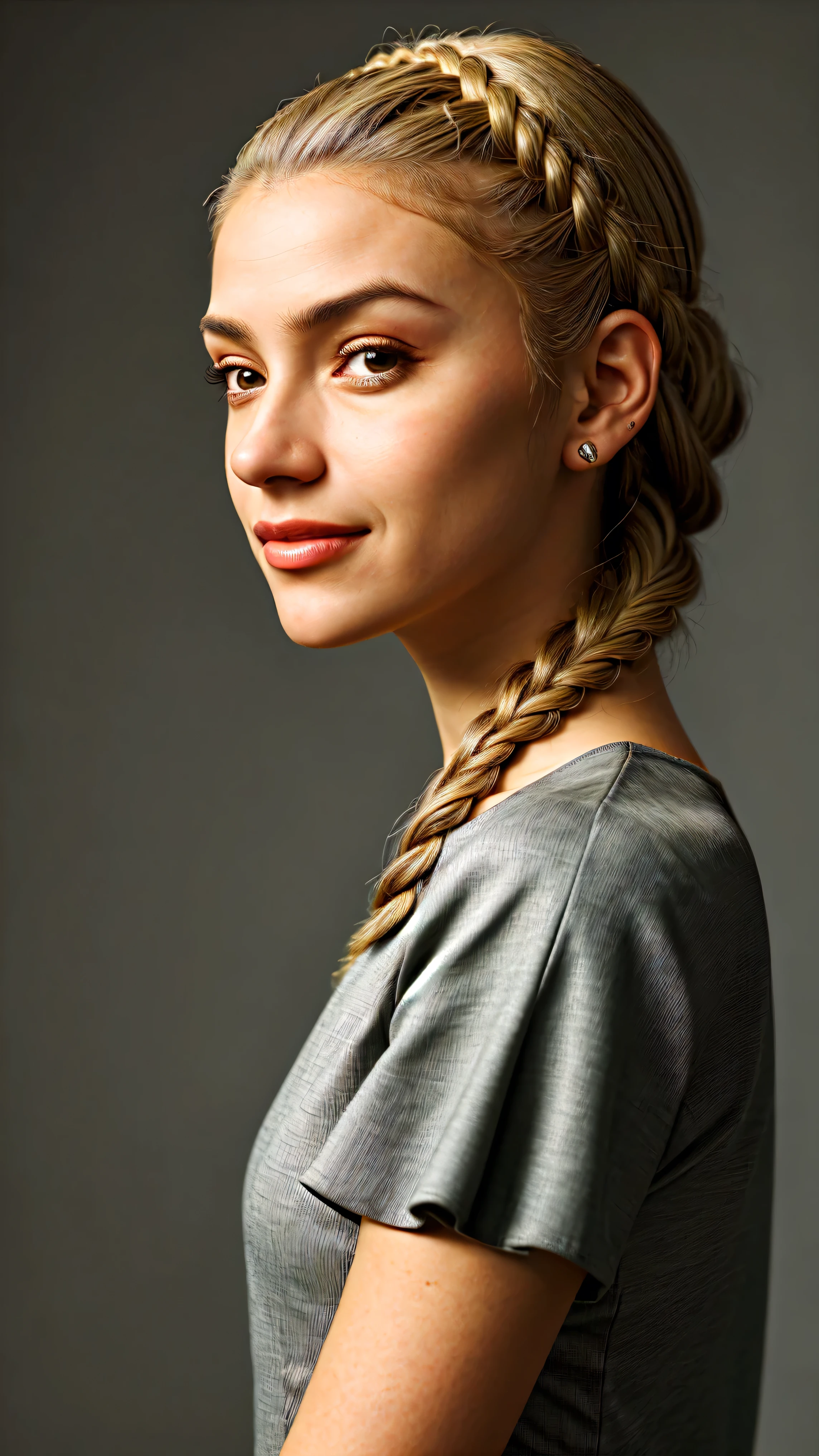 chiaroscuro portrait, high contrast, dramatic, Rembrandt lighting, close range of realistic photo of GiusyMeloni, focus on smiling face, side view wearing a peplum dress , her taupe color hair is styled as side braid hair,