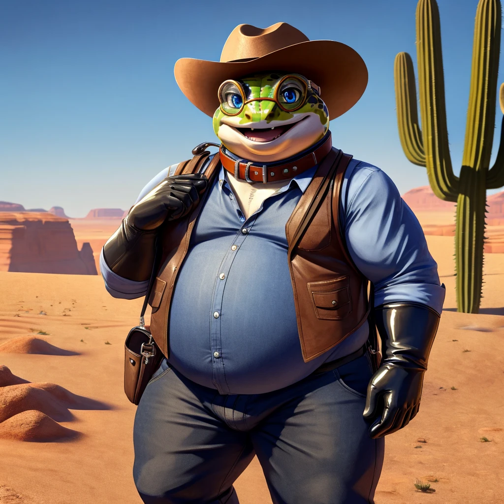 Male, fat, extremely obese, Gecko, blue eyes, (posing:1.3), (soft shading), 4k, hi res, ((detailed face, detailed)), looking at viewer, smile, open mouth, desert, cactus, shirt, hat, male focus, cowboy shot, glasses, pants, bag, vest, backpack, sleeves rolled up, round eyewear, brown headwear, brown vest, whiskers, Gecko is wearing a glossy leather dog collar around the neck, Gecko is wearing the leather collar and shirt and vest at the same time, Gecko is wearing glossy black rubber gloves on the hands, gloves are rubber in texture.
