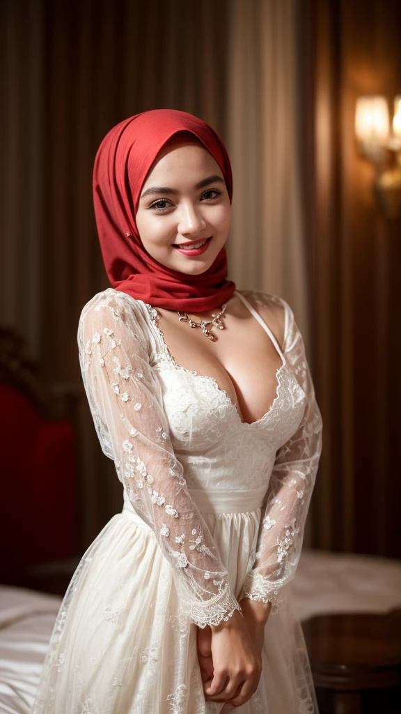 Beautiful, cute baby Face, ************ russian ****ta Girl, blue eyes, (wearing hijab) and sexy long sleeves royal lace gown, Rounded small Breast, cleavage cutout, slightly Chubby , luxury necklace, red lipstick, dark red lipstick, sensual Lipstick, White Skin, Smiling, bedroom, Dark room Background, mid shot, upper body, Perfect Potrait, Bokeh Effect, Look at Viewer, Armpit, Perfect Eye, Perfect Hand, Perfect Finger, Bracelet, Ring, small breast, ((adorable:1.2)), ((masterpiece:1.1)), ((bokeh:1.2)),