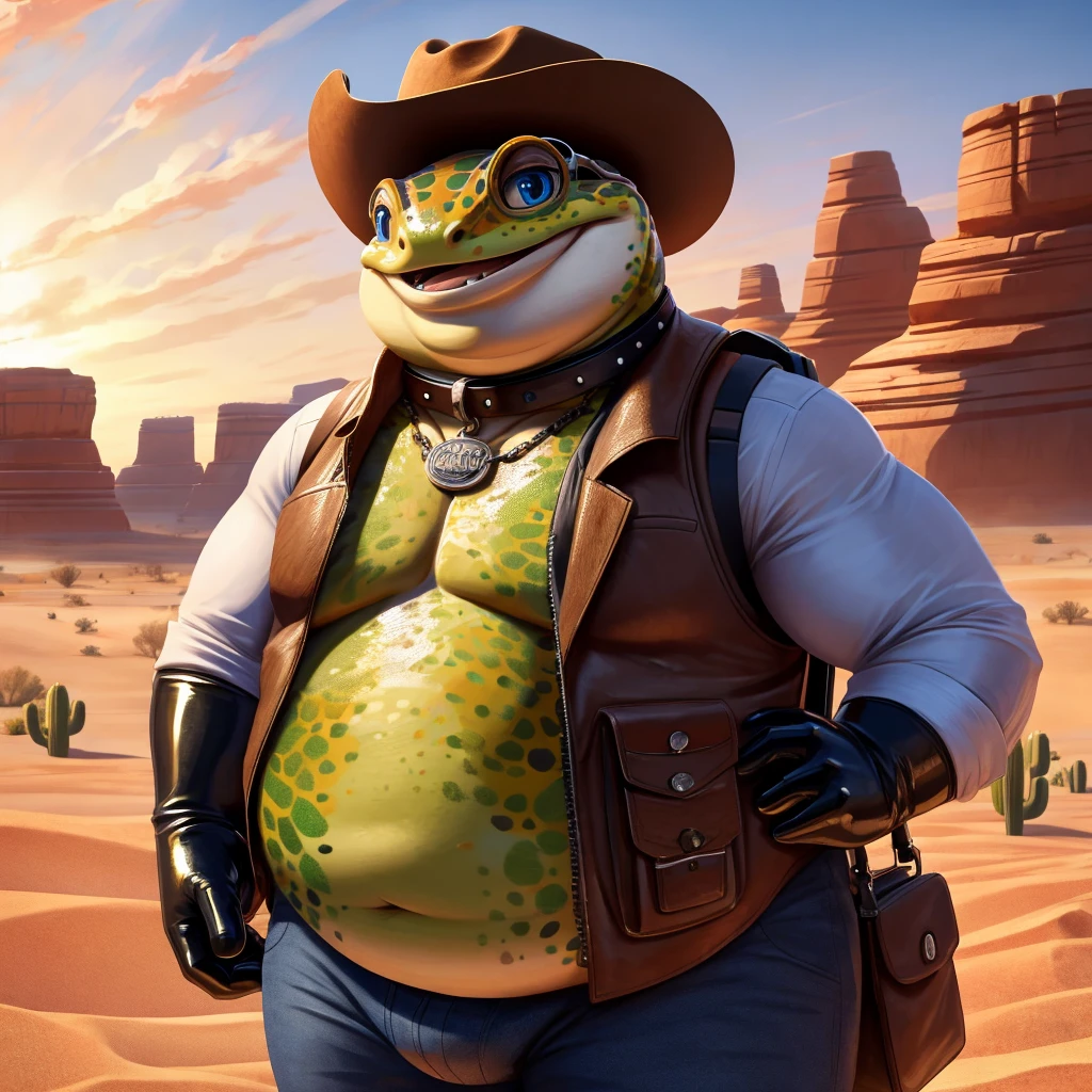Male, fat, extremely obese, Gecko, blue eyes, (posing:1.3), (soft shading), 4k, hi res, ((detailed face, detailed)), looking at viewer, smile, open mouth, desert, cactus, shirt, hat, male focus, cowboy shot, glasses, pants, bag, vest, backpack, sleeves rolled up, round eyewear, brown headwear, brown vest, whiskers, Gecko is wearing a glossy leather dog collar around the neck, Gecko is wearing the leather collar and shirt and vest at the same time, Gecko is wearing glossy black rubber gloves on the hands, gloves are rubber in texture.