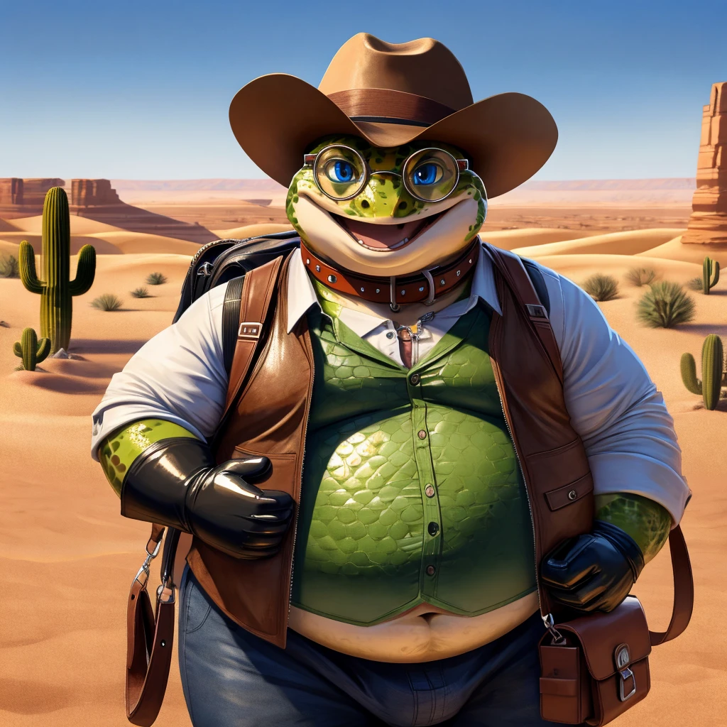 Male, fat, extremely obese, Gecko, blue eyes, (posing:1.3), (soft shading), 4k, hi res, ((detailed face, detailed)), looking at viewer, smile, open mouth, desert, cactus, shirt, hat, male focus, cowboy shot, glasses, pants, bag, vest, backpack, sleeves rolled up, round eyewear, brown headwear, brown vest, whiskers, Gecko is wearing a glossy leather dog collar around the neck, Gecko is wearing the leather collar and shirt and vest at the same time, Gecko is wearing glossy black rubber gloves on the hands, gloves are rubber in texture.