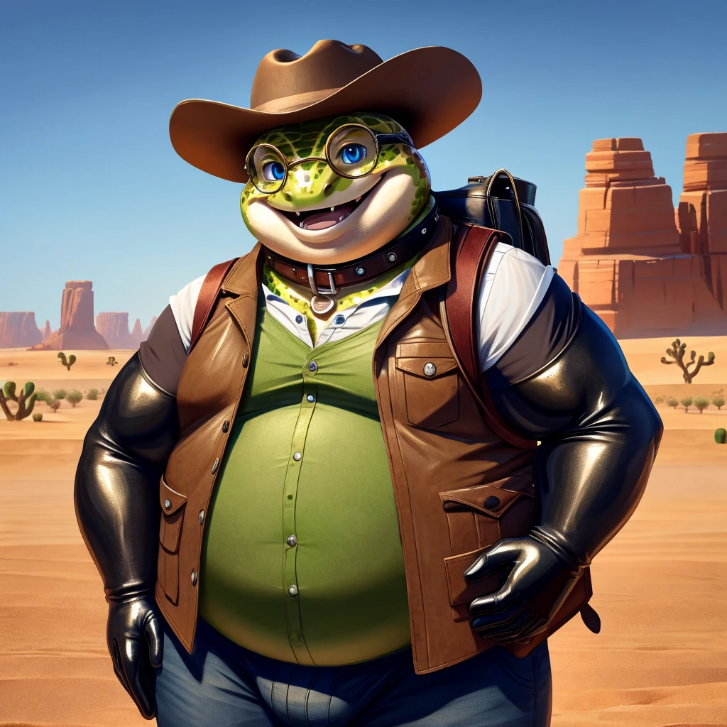 Male, fat, extremely obese, Gecko, blue eyes, (posing:1.3), (soft shading), 4k, hi res, ((detailed face, detailed)), looking at viewer, smile, open mouth, desert, cactus, shirt, hat, male focus, cowboy shot, glasses, pants, bag, vest, backpack, sleeves rolled up, round eyewear, brown headwear, brown vest, whiskers, Gecko is wearing a glossy leather dog collar around the neck, Gecko is wearing the leather collar and shirt and vest at the same time, Gecko is wearing glossy black rubber gloves on the hands, gloves are rubber in texture.