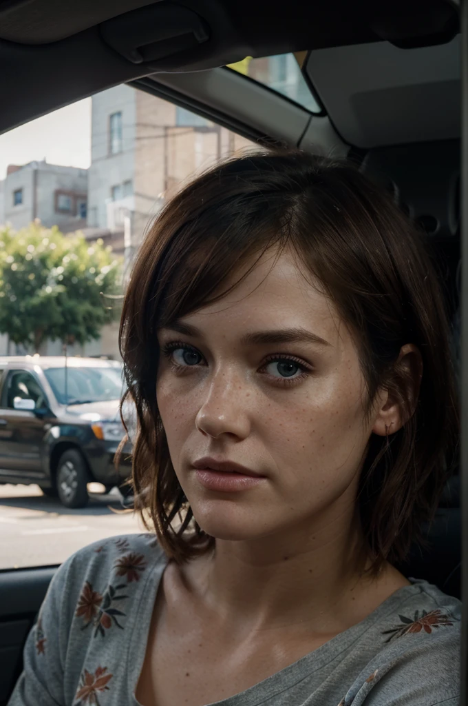 ((best quality)), ((masterpiece)), (detailed), perfect face, exteriors, City, 31 year old woman, similar a ellie de the Last of us 2 y a mackenzie Davis, perfect face, foreground, short chin length hair, moist and loose light reddish brown color, reddish freckles, light blue eyes, dark blue wool t-shirt with print, intense lighting, high level of detail, driving a black van 