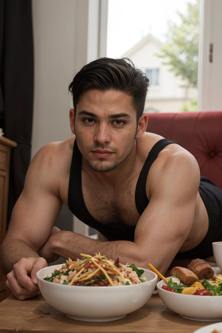 Real image of a latin model man with short black hair athletic body, short beard, lying on a table full of food.