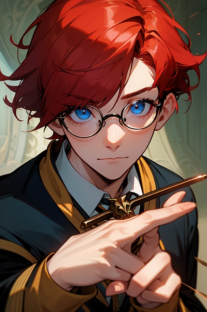 A boy with red hair and blue eyes who has magic from Hogwarts School of Magic. Stays in the Hufflepuff house and wears glasses.