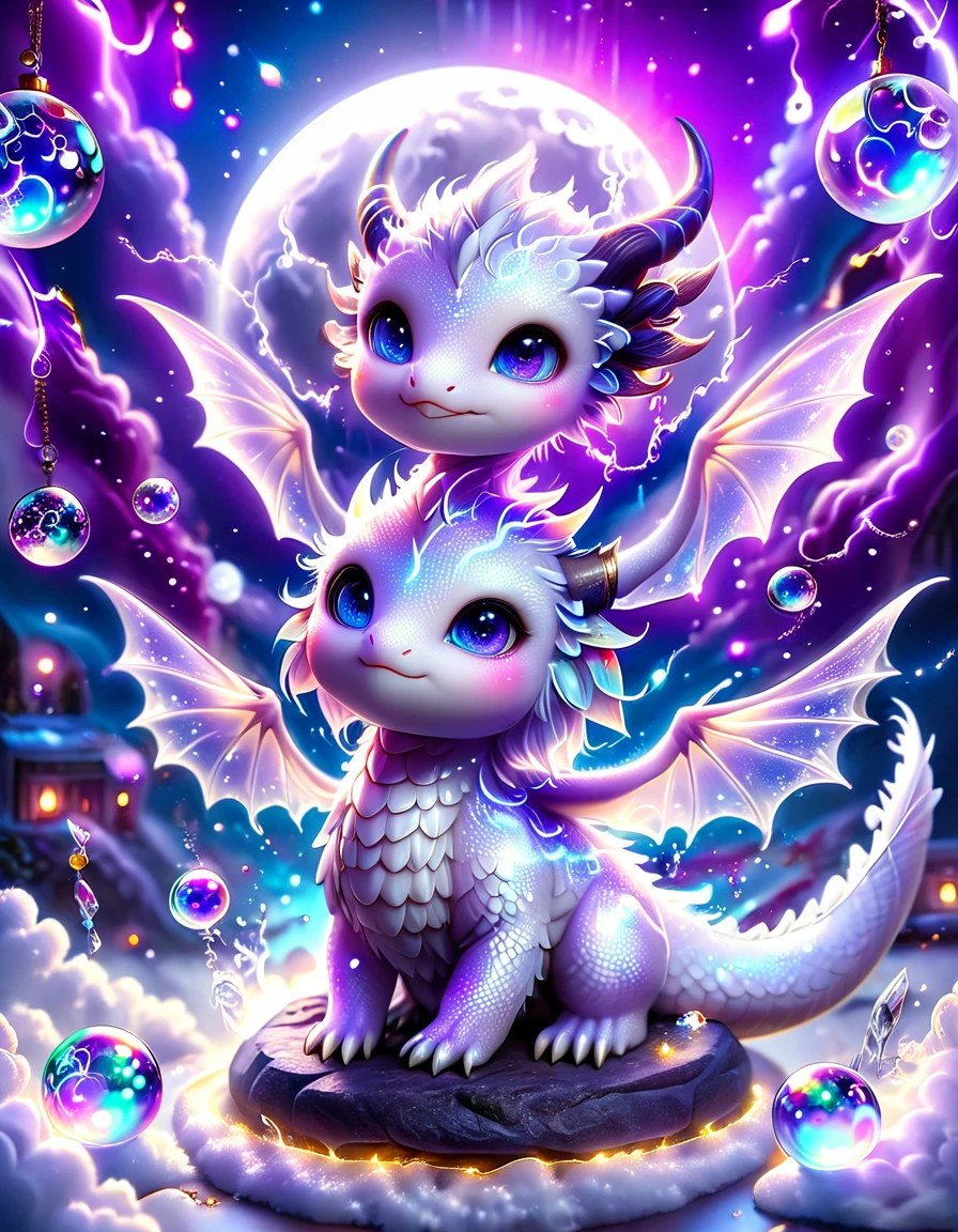 absurdres, highres, ultra detailed, HDR, master piece, best quality, crystal ball, small white dragon, expressive blue eyes, blue horns, wings, fantasy magical background, sparkling, shining, purple lightning, floating round lights, starry, void, purple moon